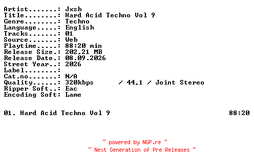 NFO for the release JXSH-HARD_ACID_TECHNO_VOL_9-WEB-2026-XTC_iNT by XTC_iNT