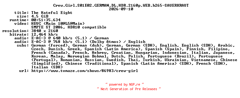NFO for the release Crew.Girl.S01E02.GERMAN.DL.HDR.2160p.WEB.h265-SAUERKRAUT by SAUERKRAUT