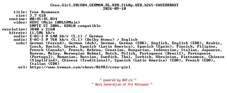 NFO for the release Crew.Girl.S01E04.GERMAN.DL.HDR.2160p.WEB.h265-SAUERKRAUT by SAUERKRAUT