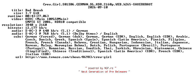 NFO for the release Crew.Girl.S01E06.GERMAN.DL.HDR.2160p.WEB.h265-SAUERKRAUT by SAUERKRAUT
