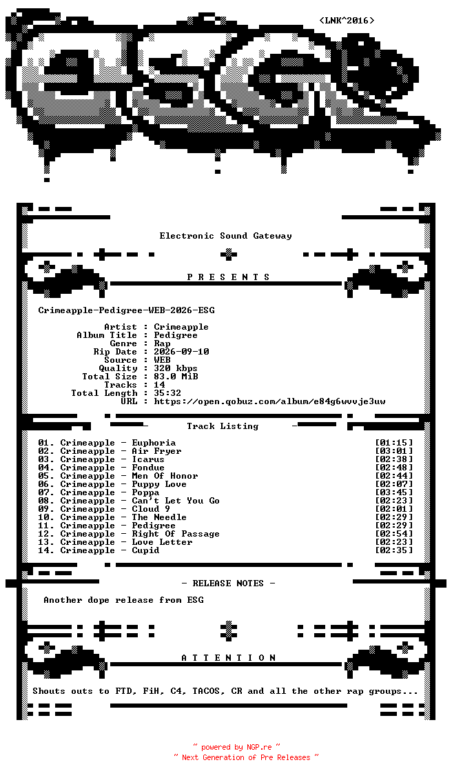 NFO for the release Crimeapple-Pedigree-WEB-2026-ESG by ESG