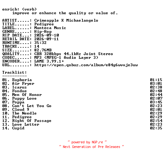 NFO for the release Crimeapple_X_Michaelangelo-Pedigree-WEB-2026-ENRiCH by ENRiCH
