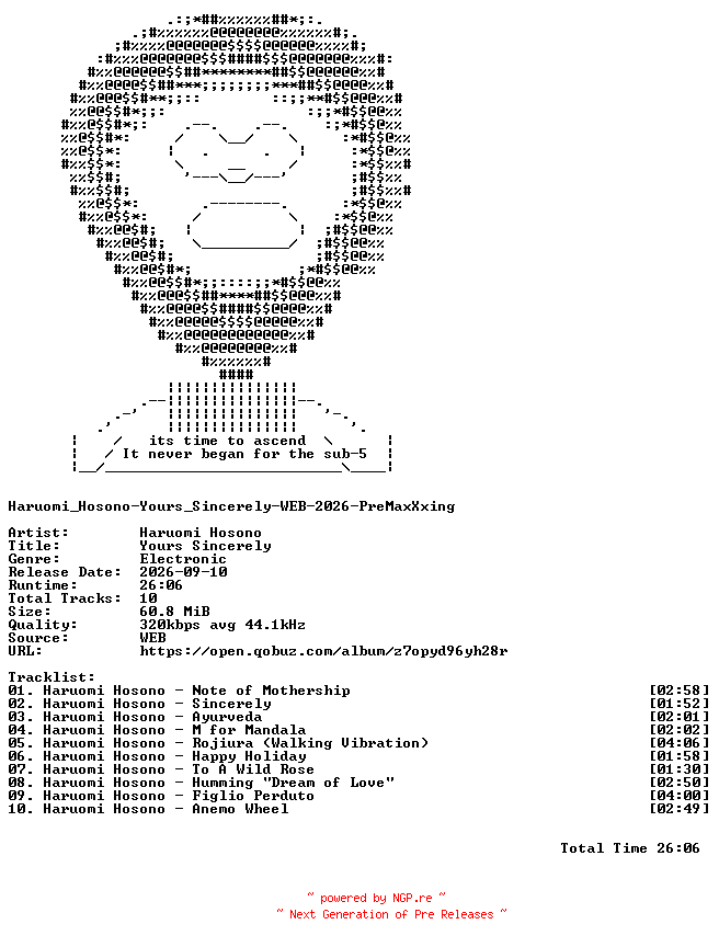 NFO for the release Haruomi_Hosono-Yours_Sincerely-WEB-2026-PreMaxXxing by PreMaxXxing