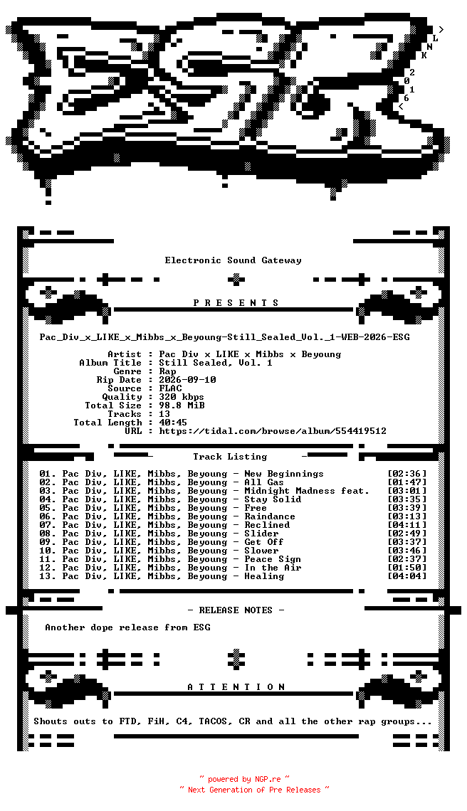 NFO for the release Pac_Div_x_LIKE_x_Mibbs_x_Beyoung-Still_Sealed_Vol._1-WEB-2026-ESG by ESG