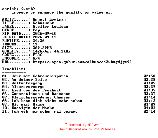 NFO for the release Annett_Louisan-Sehnsucht-DE-24BIT-WEB-FLAC-2026-ENRiCH by ENRiCH