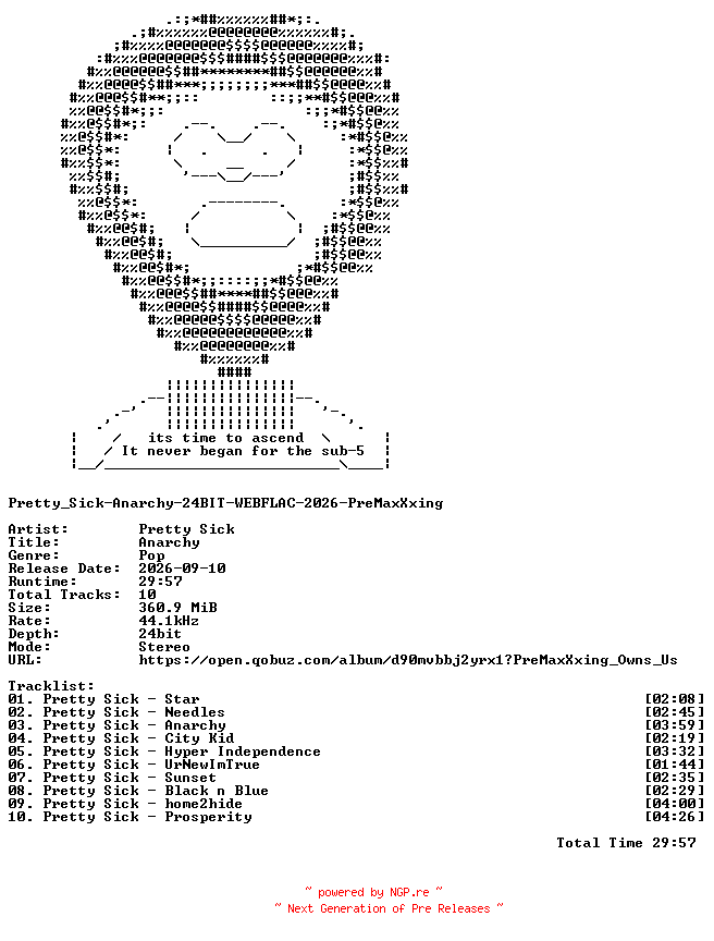 NFO for the release Pretty_Sick-Anarchy-24BIT-WEBFLAC-2026-PreMaxXxing by PreMaxXxing