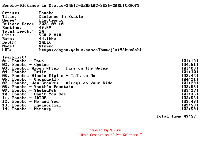NFO for the release Bonobo-Distance_in_Static-24BIT-WEBFLAC-2026-GARLICKNOTS by GARLICKNOTS