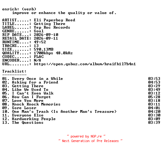 NFO for the release Eli_Paperboy_Reed-Getting_There-24BIT-WEB-FLAC-2026-ENRiCH by ENRiCH