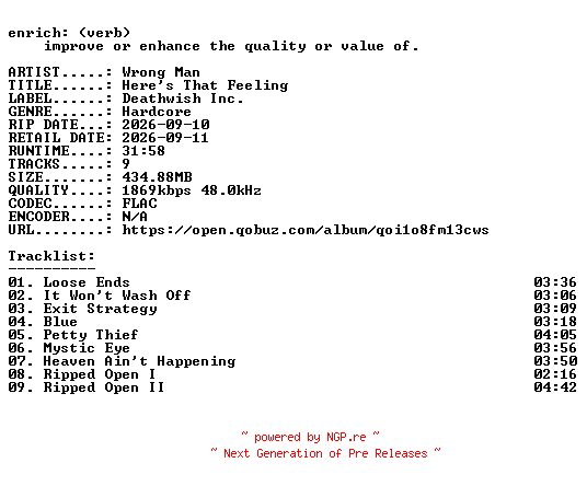 NFO for the release Wrong_Man-Heres_That_Feeling-24BIT-WEB-FLAC-2026-ENRiCH by ENRiCH