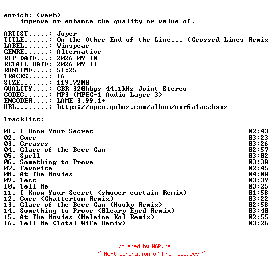 NFO for the release Joyer-On_the_Other_End_of_the_Line__(Crossed_Lines_Remixes)-WEB-2026-ENRiCH by ENRiCH