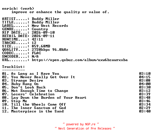 NFO for the release Buddy_Miller-Buddy_Miller-24BIT-WEB-FLAC-2026-ENRiCH by ENRiCH