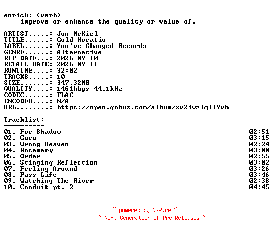 NFO for the release Jon_McKiel-Gold_Horatio-24BIT-WEB-FLAC-2026-ENRiCH by ENRiCH