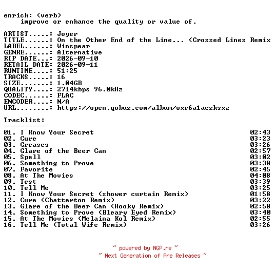 NFO for the release Joyer-On_the_Other_End_of_the_Line__(Crossed_Lines_Remixes)-24BIT-WEB-FLAC-2026-ENRiCH by ENRiCH