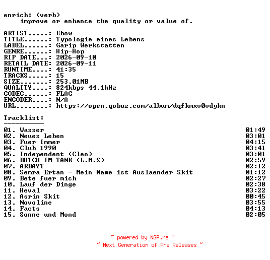 NFO for the release Ebow-Typologie_eines_Lebens-DE-16BIT-WEB-FLAC-2026-ENRiCH by ENRiCH