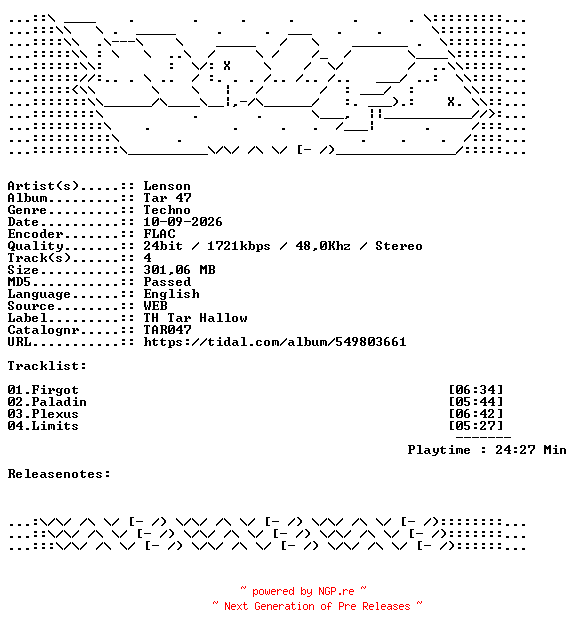 NFO for the release Lenson-Tar_47-TAR047-24BIT-WEB-FLAC-2026-WAVED by WAVED