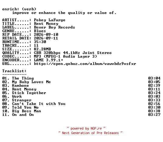 NFO for the release Pokey_LaFarge-Rent_Money-WEB-2026-ENRiCH by ENRiCH