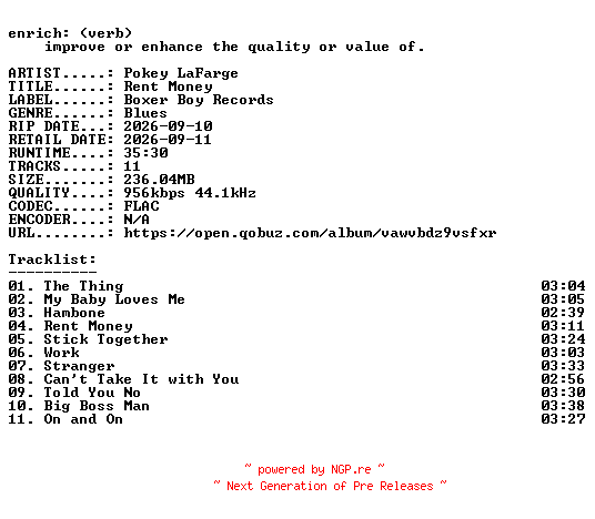 NFO for the release Pokey_LaFarge-Rent_Money-16BIT-WEB-FLAC-2026-ENRiCH by ENRiCH