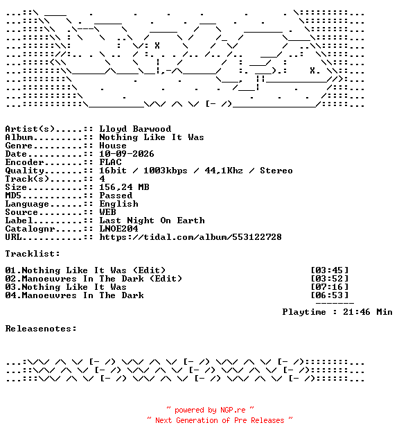 NFO for the release Lloyd_Barwood-Nothing_Like_It_Was-LNOE204-16BIT-WEB-FLAC-2026-WAVED by WAVED