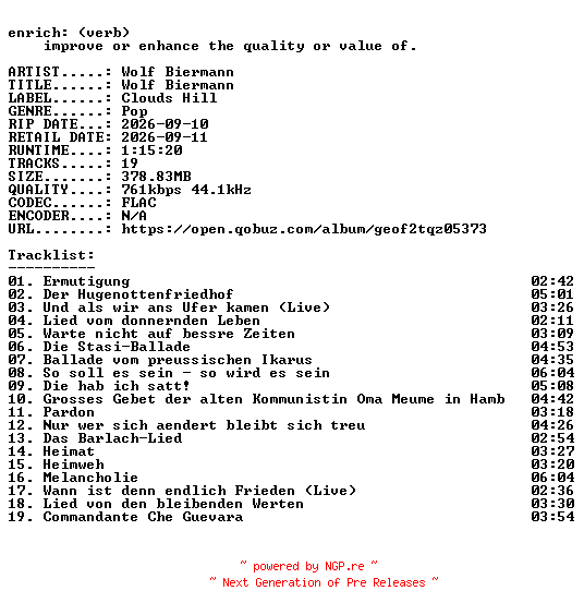 NFO for the release Wolf_Biermann-Wolf_Biermann-DE-16BIT-WEB-FLAC-2026-ENRiCH by ENRiCH