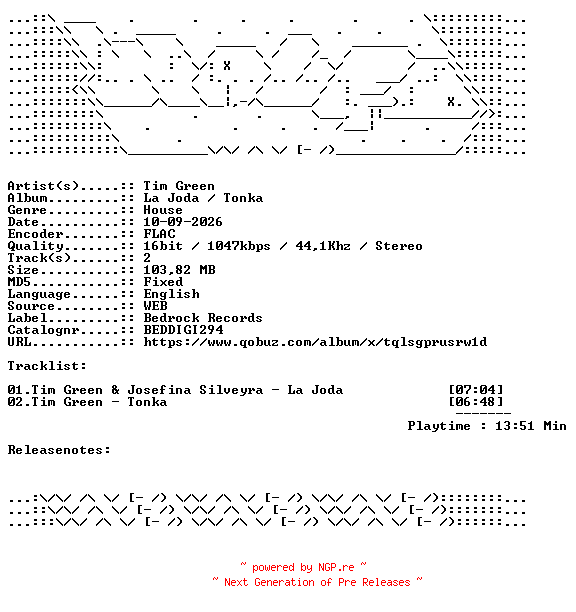 NFO for the release Tim_Green-La_Joda__Tonka-BEDDIGI294-16BIT-WEB-FLAC-2026-WAVED by WAVED