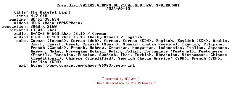 NFO for the release Crew.Girl.S01E02.GERMAN.DL.2160p.WEB.h265-SAUERKRAUT by SAUERKRAUT