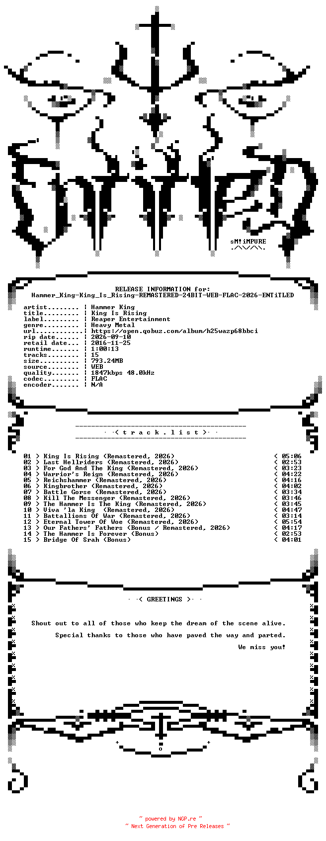 NFO for the release Hammer_King-King_Is_Rising-REMASTERED-24BIT-WEB-FLAC-2026-ENTiTLED by ENTiTLED