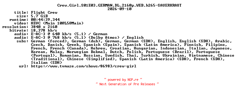 NFO for the release Crew.Girl.S01E03.GERMAN.DL.2160p.WEB.h265-SAUERKRAUT by SAUERKRAUT