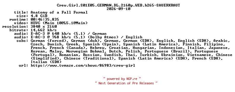 NFO for the release Crew.Girl.S01E05.GERMAN.DL.2160p.WEB.h265-SAUERKRAUT by SAUERKRAUT