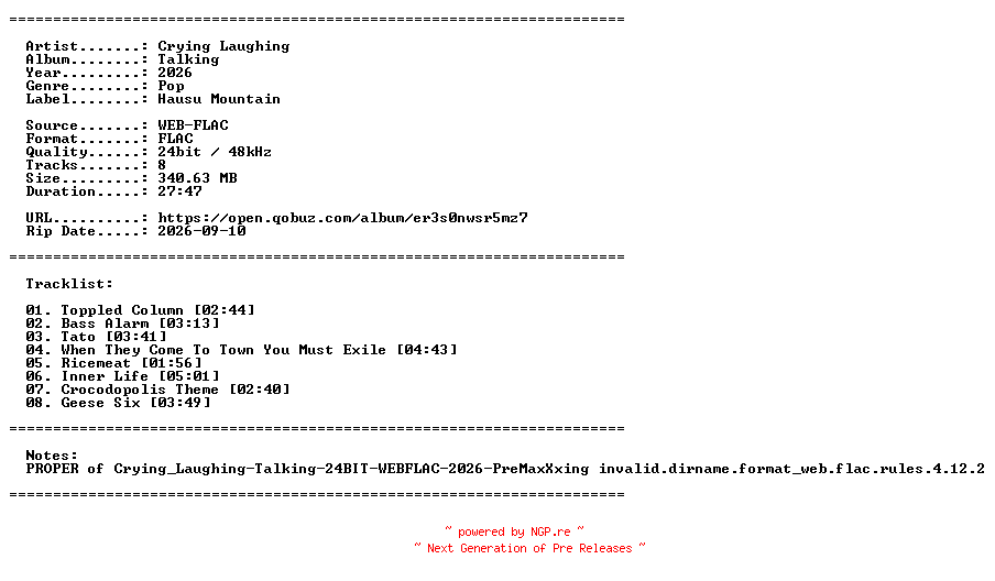 NFO for the release Crying_Laughing-Talking-PROPER-24BIT-WEB-FLAC-2026-PROAUTOPROPER by PROAUTOPROPER