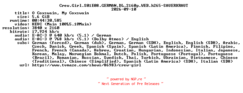 NFO for the release Crew.Girl.S01E08.GERMAN.DL.2160p.WEB.h265-SAUERKRAUT by SAUERKRAUT