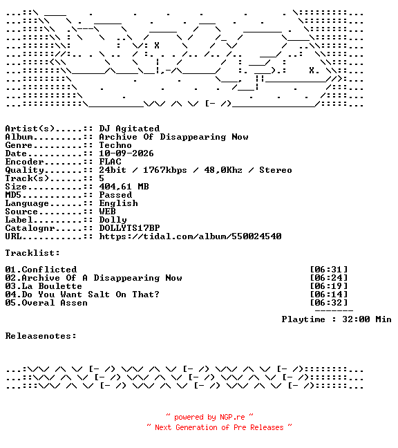 NFO for the release DJ_Agitated-Archive_Of_Disappearing_Now-DOLLYTS17BP-24BIT-WEB-FLAC-2026-WAVED by WAVED