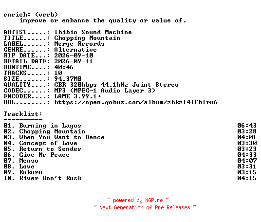 NFO for the release Ibibio_Sound_Machine-Chopping_Mountain-WEB-2026-ENRiCH by ENRiCH