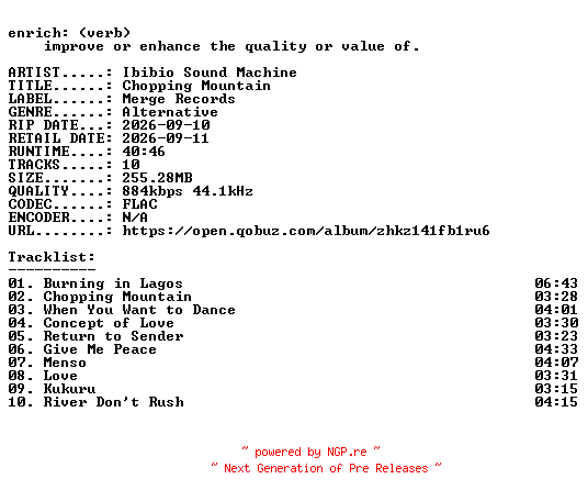 NFO for the release Ibibio_Sound_Machine-Chopping_Mountain-16BIT-WEB-FLAC-2026-ENRiCH by ENRiCH