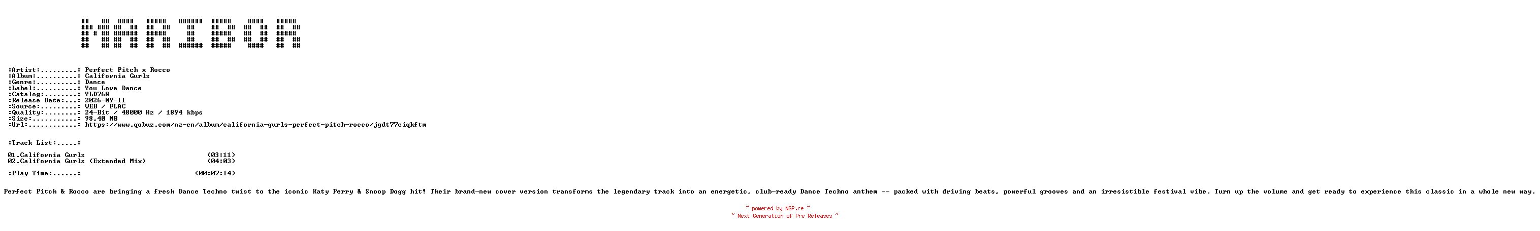 NFO for the release Perfect_Pitch_x_Rocco-California_Gurls-(YLD768)-24BIT-WEB-FLAC-2026-MARiBOR by MARiBOR