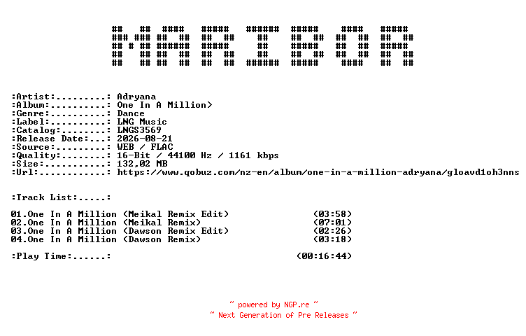 NFO for the release Adryana-One_In_A_Million-(LNGS3569)-16BIT-WEB-FLAC-2026-MARiBOR by MARiBOR