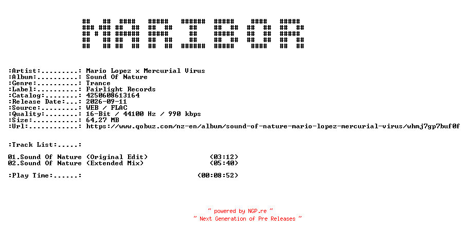 NFO for the release Mario_Lopez_x_Mercurial_Virus-Sound_Of_Nature-16BIT-WEB-FLAC-2026-MARiBOR by MARiBOR