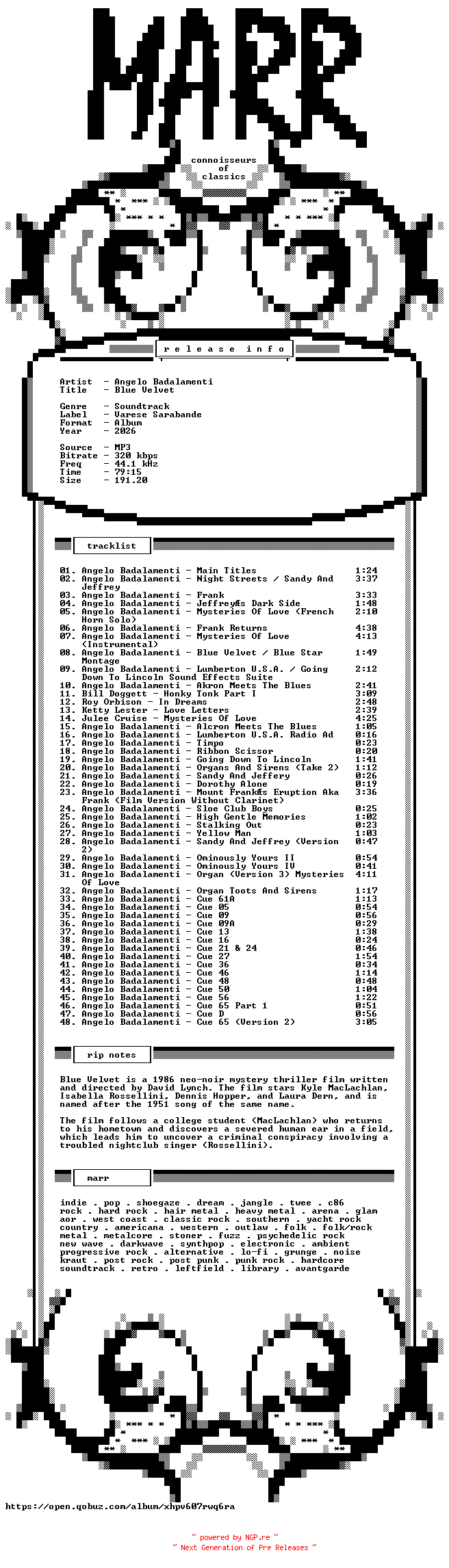 NFO for the release Angelo_Badalamenti-Blue_Velvet-OST_Reissue_Deluxe_Edition-WEB-2026-MARR by MARR