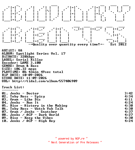 NFO for the release VA-Spotlight_Series_Vol._17-(KILLAZLP34)-WEB-2026-BB by BB