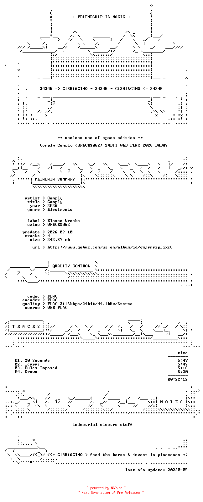 NFO for the release Comply-Comply-(WRECKS062)-24BIT-WEB-FLAC-2026-BABAS by BABAS