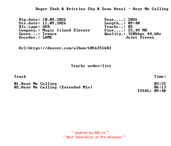 NFO for the release Roger_Shah_And_Kristina_Sky_And_Evan_Henzi_-_Hear_Me_Calling-(ELEVATE138)-WEB-2026-FMC by FMC