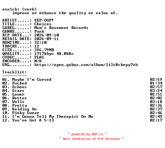 NFO for the release EEP-OOP-Choices-24BIT-WEB-FLAC-2026-ENRiCH by ENRiCH
