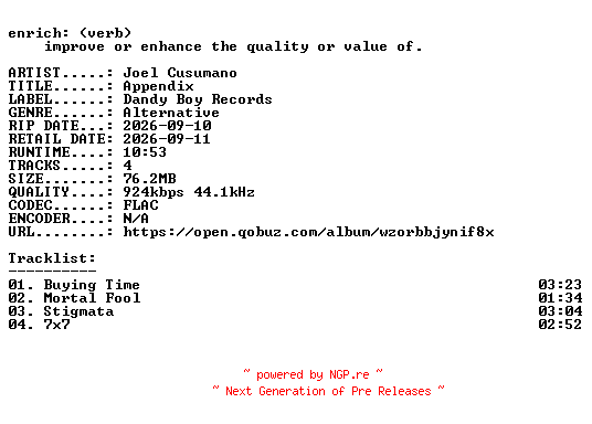 NFO for the release Joel_Cusumano-Appendix-EP-16BIT-WEB-FLAC-2026-ENRiCH by ENRiCH