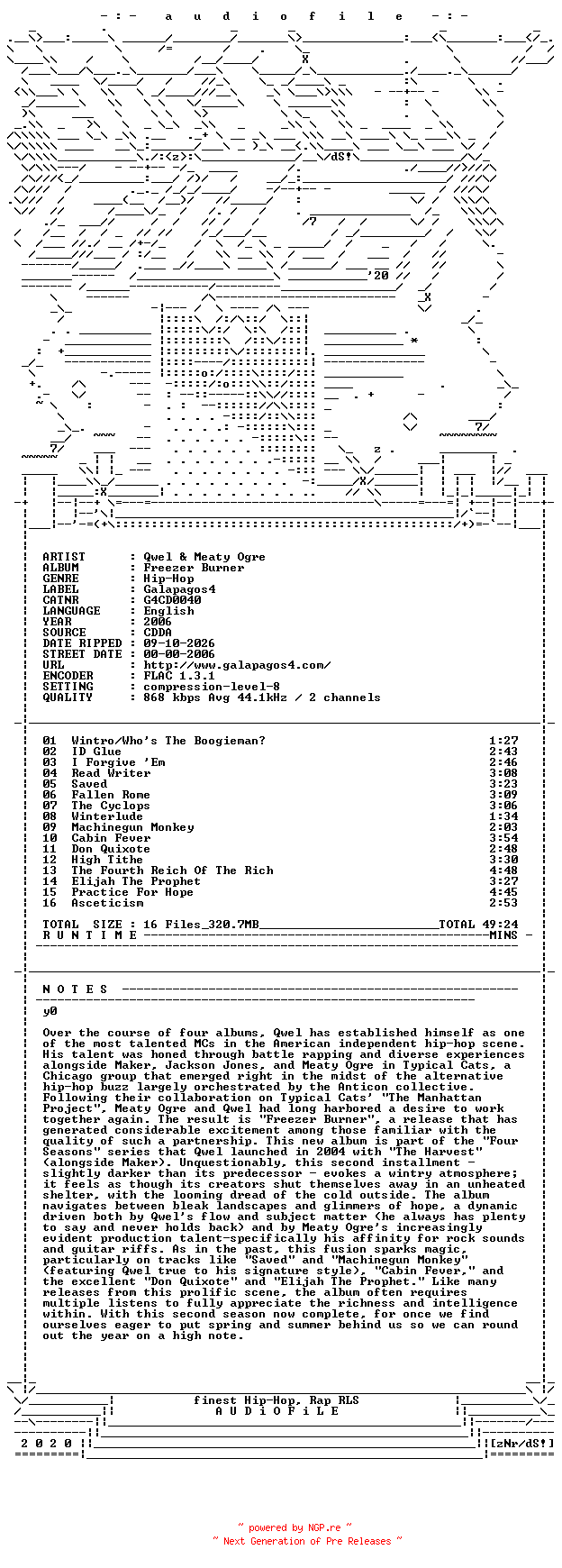 NFO for the release Qwel_And_Meaty_Ogre-Freezer_Burner-CD-FLAC-2006-AUDiOFiLE by AUDiOFiLE