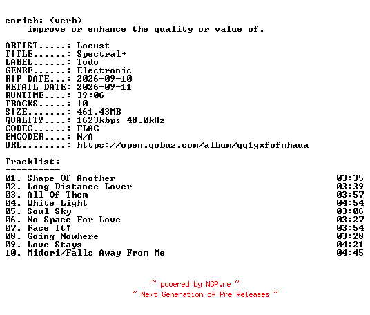 NFO for the release Locust-Spectral-24BIT-WEB-FLAC-2026-ENRiCH by ENRiCH