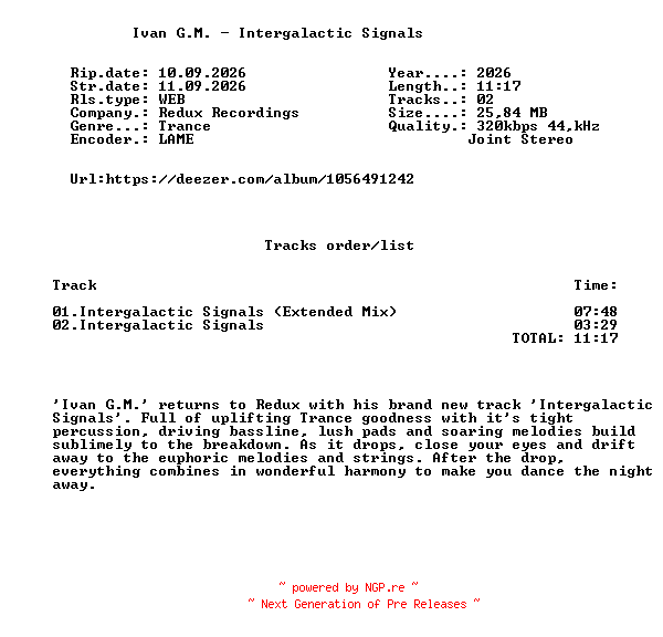 NFO for the release Ivan_G.M._-_Intergalactic_Signals-(RDX712)-WEB-2026-FMC by FMC