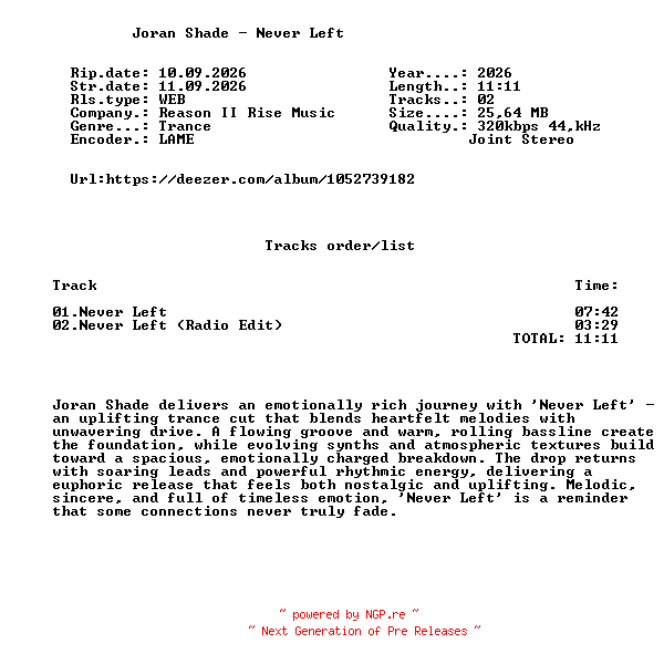 NFO for the release Joran_Shade_-_Never_Left-(R2R193)-WEB-2026-FMC by FMC