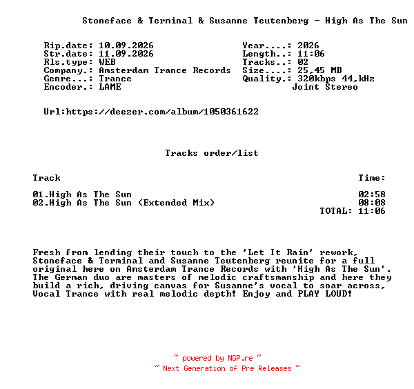 NFO for the release Stoneface_And_Terminal_And_Susanne_Teutenberg_-_High_As_The_Sun-(AMSTR656)-WEB-2026-FMC by FMC