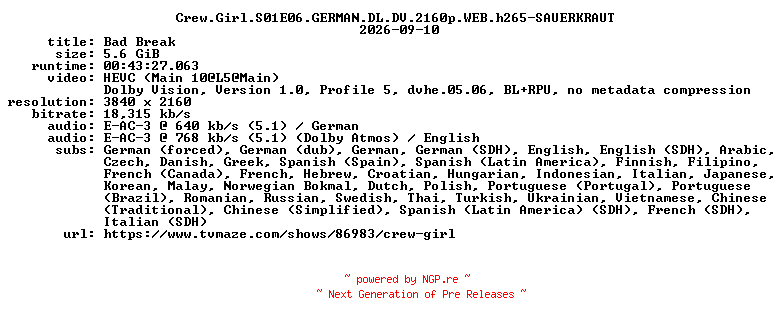 NFO for the release Crew.Girl.S01E06.GERMAN.DL.DV.2160p.WEB.h265-SAUERKRAUT by SAUERKRAUT