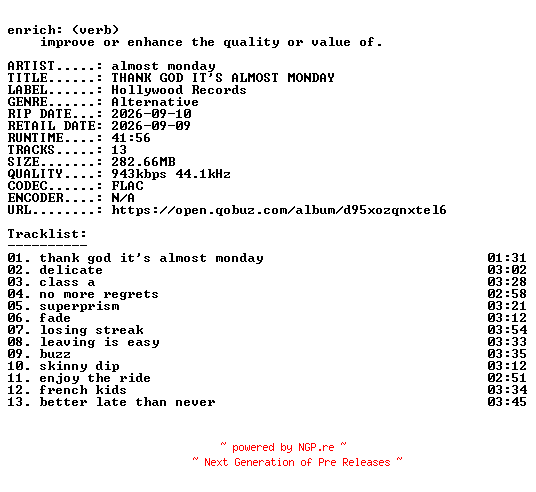 NFO for the release almost_monday-THANK_GOD_ITS_ALMOST_MONDAY-16BIT-WEB-FLAC-2026-ENRiCH by ENRiCH
