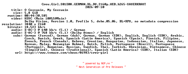NFO for the release Crew.Girl.S01E08.GERMAN.DL.DV.2160p.WEB.h265-SAUERKRAUT by SAUERKRAUT
